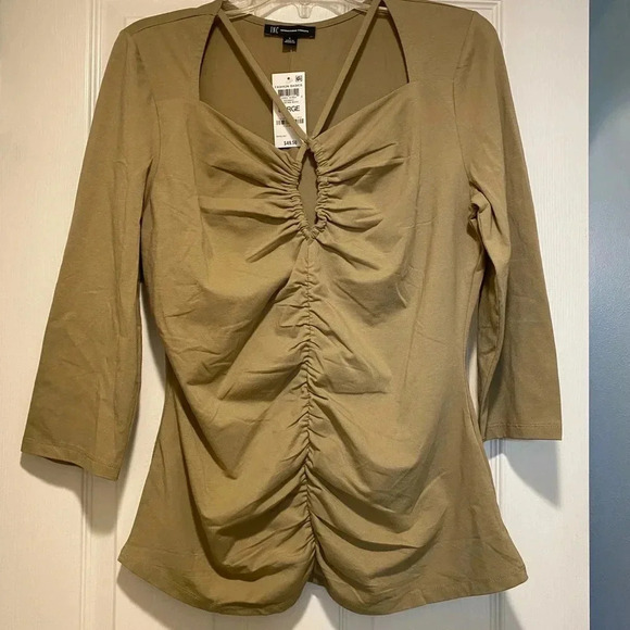 INC Women’s unique strap ruched three quarter sleeve peep NEW cotton top large - Picture 1 of 10